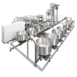 Automated mixing system with spiral mixers and bowl lifts 